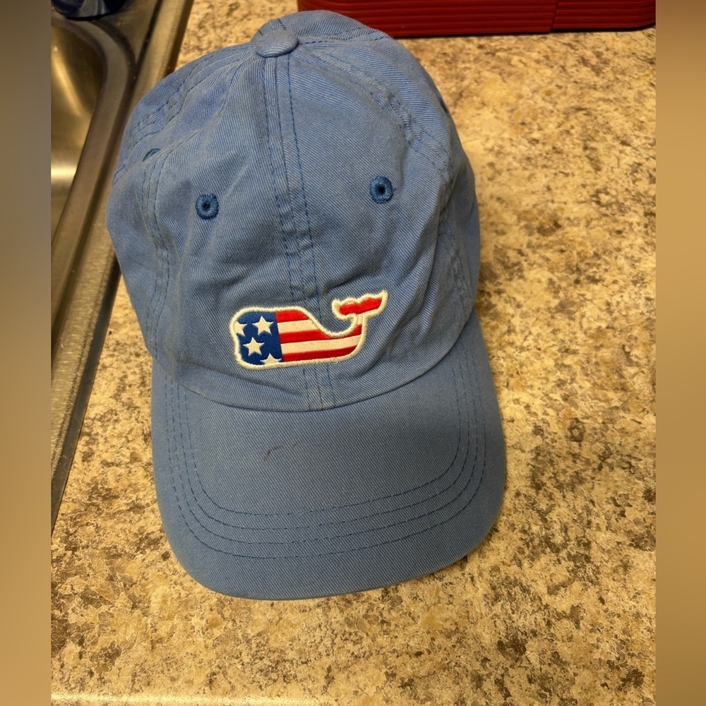 Vineyard Vines Light Blue Whale Logo Adjustable Baseball Hat Cap USA Flag